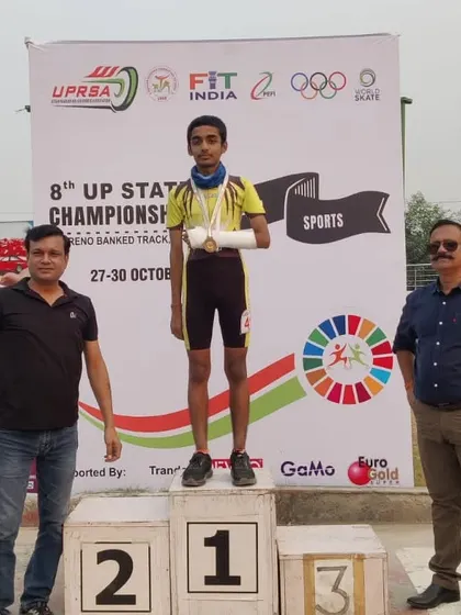 Nirvikar Bajpai, a Brainobrain graduate, on the winner's podium after winning a gold medal at the Roller Skating State Championship. His determination is an inspiration.