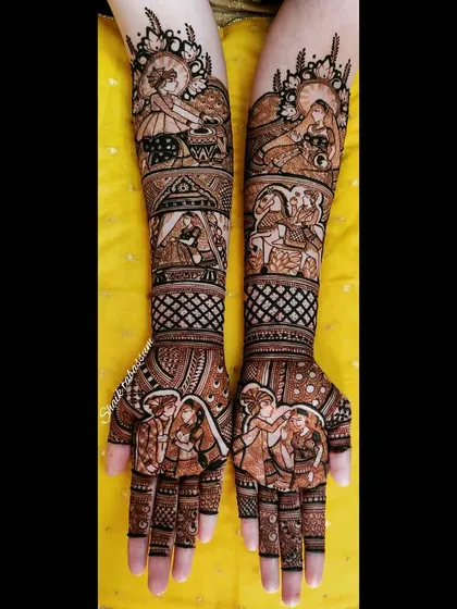 A design rich in symbolism and storytelling, featuring musicians, a royal procession, and the couple's portrait. Every inch of this mehendi is filled with intricate details and narrative elements.