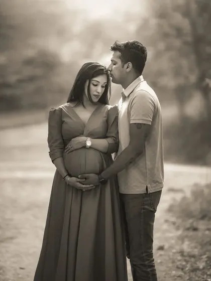 A duplicate of ID 21, this black and white version of a tender couple's portrait outdoors focuses on the husband's gentle kiss on his wife's forehead.
