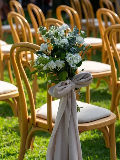 A simple yet elegant detail from our garden anniversary celebration. We adorned the classic bentwood chairs with small bouquets of white flowers and eucalyptus, tied with a soft linen bow, adding a touch of romance to the ceremony seating.