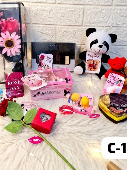 Another version of the Valentine's week hamper, filled with small, thoughtful gifts for each day, including roses, teddy bears, and chocolates.