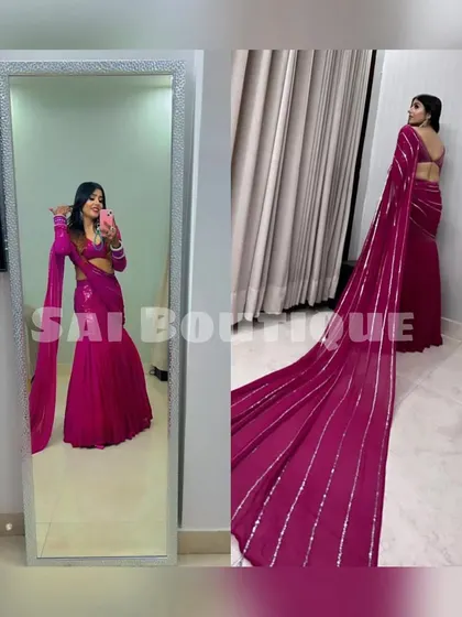This magenta draped saree with a long, flowing pallu is a showstopper. The silver gota patti work adds a touch of traditional sparkle to this modern silhouette.