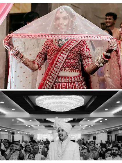The bride's entry and the groom's anticipation, a classic storytelling composition showing both perspectives of a key wedding moment.