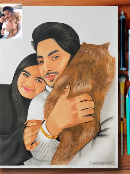 A lovely portrait of a couple with their furry friend. I enjoy including pets in my drawings, as they are an important part of the family. This was done in colored pencil on A3 paper.