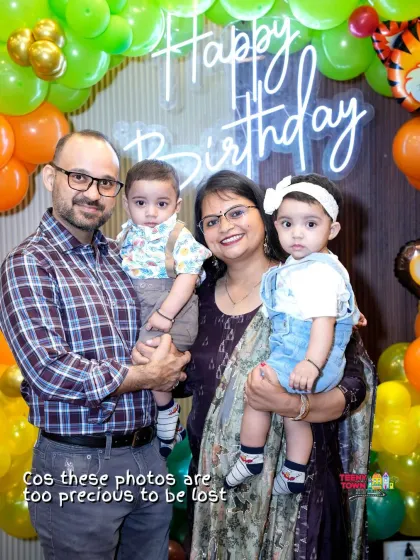 A beautiful family portrait in front of the birthday decor. My goal is to create a space where you can capture these precious memories.