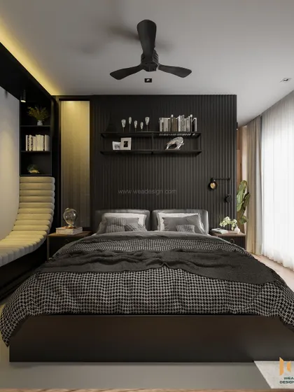 A close-up of the bed and headboard area, with dark fluted panels and minimalist shelving.