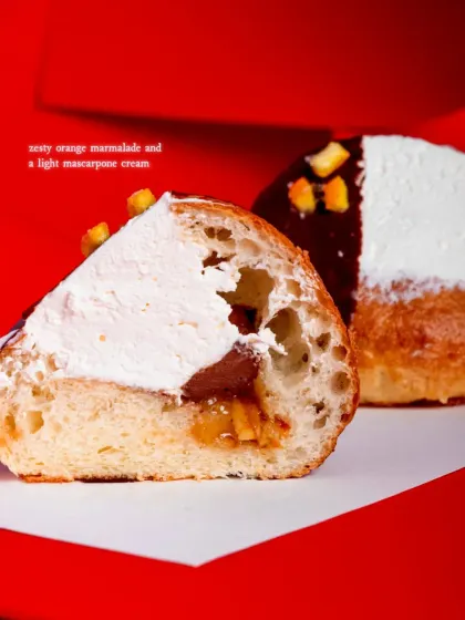 The filling also includes zesty orange marmalade and a light mascarpone cream.