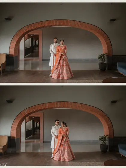 This diptych shows two compositions under a large brick archway. We use the architectural frame to create both a formal portrait and a more intimate, interactive shot of the couple.