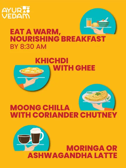 Instead of cold or acidic foods in the morning, try a warm, nourishing breakfast by 8:30 AM. Options like Khichdi with ghee, Moong Chilla, or a warm Moringa latte help support your hormones and gut health, setting a positive tone for the day.