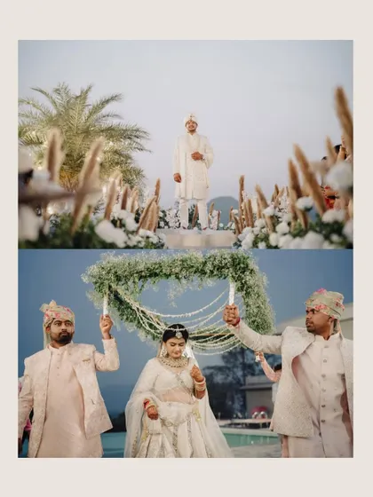 A collage showing the groom's anticipation and the bride's grand entrance under a phoolon ki chadar at a beautiful outdoor venue.
