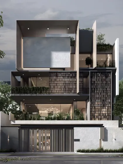 This residence facade is a study in modern minimalism, layering raw concrete, expansive glass, and rich wooden textures. The composition of stacked volumes and integrated planters creates a home that is both geometrically pure and harmoniously blended with its natural surroundings.