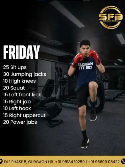 Your Friday workout is set. End the week with a powerful combination of sit ups, jumping jacks, high knees, and power jabs to ensure you finish strong and ready for a restful weekend.