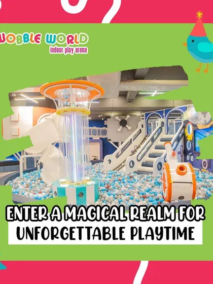 A view of our magical play realm. The central structure combines climbing, sliding, and interactive play all within the ball pit area.