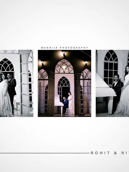 A black and white collage from a pre-wedding shoot, giving it a timeless and classic feel. The different angles and poses show the versatility of a single location to create a variety of beautiful shots.