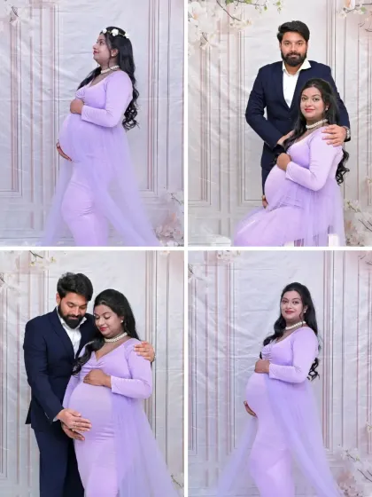 A collection of four poses in our modern, minimalist setting. The lavender gown looks stunning against the clean white backdrop, and the images showcase a variety of sweet interactions between the couple.