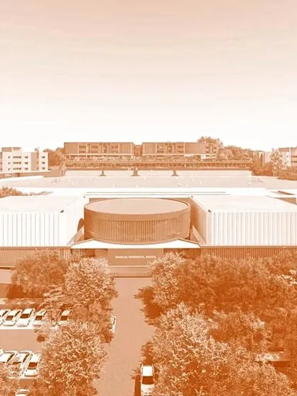 A conceptual view of the Sharada Residential School masterplan, highlighting the main entrance and the relationship between the different building clusters.