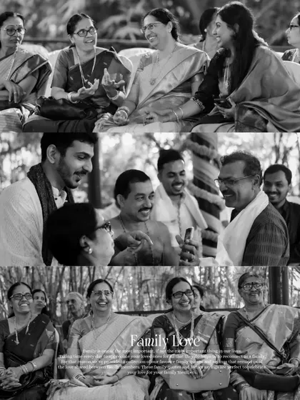 A black and white collage titled 'Family Love', capturing candid moments of laughter and conversation among family members.