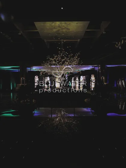 A dramatic, moody shot of the crystal tree centerpiece, reflecting on the glossy black floor.