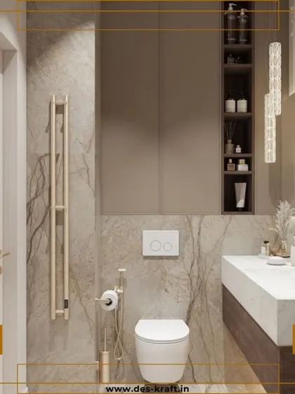 Smart storage is integrated with sleek, floor-to-ceiling cabinets and open shelving, complemented by a heated towel rack for added comfort.