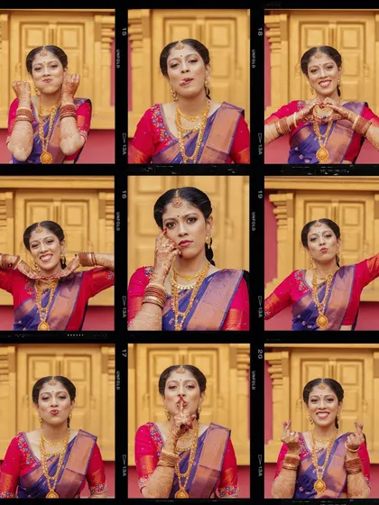 A grid collage of a bride's expressive and playful portraits against a vibrant red and gold background.