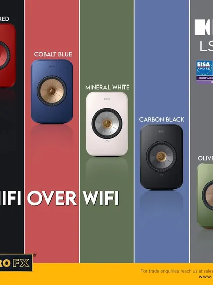 The KEF LSX II offers Hi-Fi over WiFi in five vibrant finishes: Lava Red, Cobalt Blue, Mineral White, Carbon Black, and Olive Green. This all-in-one speaker system delivers balanced, high-resolution sound with all-inclusive connectivity.
