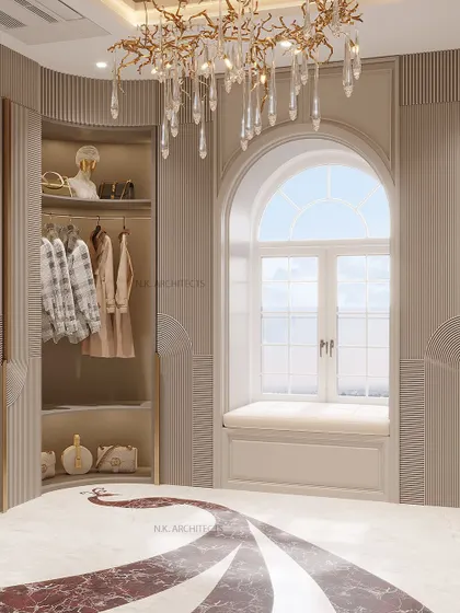 A closer look at the open wardrobe and bay window in the peacock-themed dressing room. The design provides both beautiful display storage and a peaceful spot to relax.