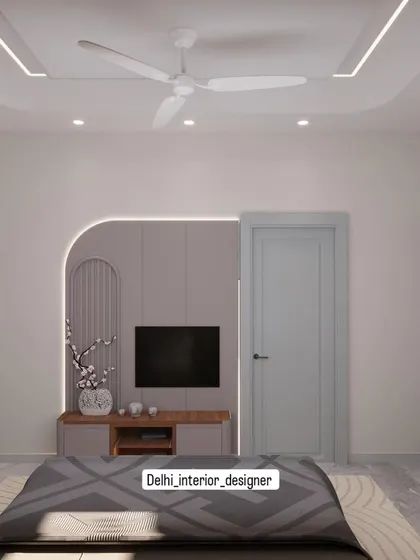 An elegant bedroom concept with a neutral color palette. The 3D design features a TV unit set within an arched, backlit panel, creating a soft and modern focal point.