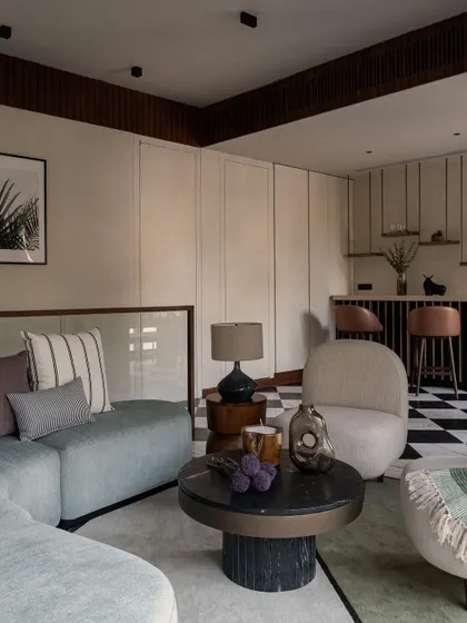 The lounge area in our Pràna project, featuring a bold black-and-white checkered floor. This space was designed for entertaining, with a playful yet sophisticated vibe.