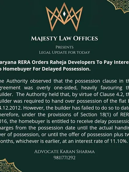 Here is a clear example of how we hold builders accountable. In this case, the Haryana RERA authority ordered a developer to pay 11.10% interest to a homebuyer for delayed possession. If your builder is not delivering on time, the RERA Act gives you the right to claim compensation, and I can help you navigate the process to get what you are owed.