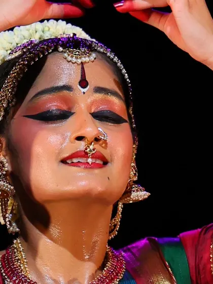 A close-up capturing Srujana's deep immersion in her performance. In these moments, the dancer transcends the physical steps and truly becomes the character or emotion they are portraying.