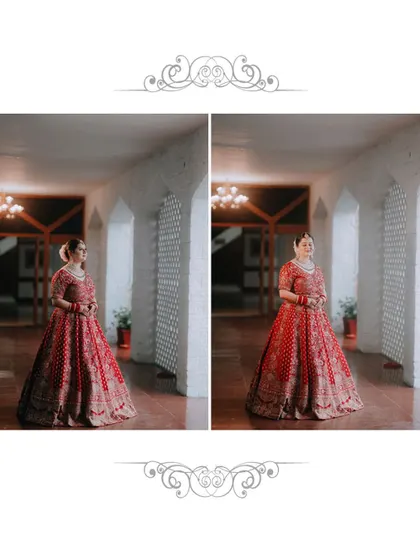 A diptych of a bride in her red wedding lehenga, posing in a corridor with beautiful natural light.