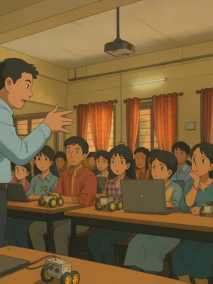 Here's how we imagine our classroom in the Ghibli universe. An instructor passionately teaching a class of engaged students, with their very own robots on their desks.