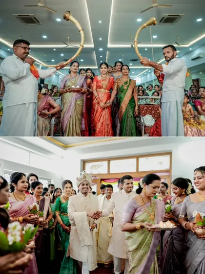 A collage showing the grand entrances of both the bride and groom, complete with traditional horns and welcoming family members.