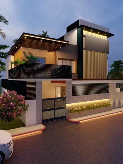 A beautiful night render of a modern villa, where our lighting design is the star, highlighting the architecture and landscaping.
