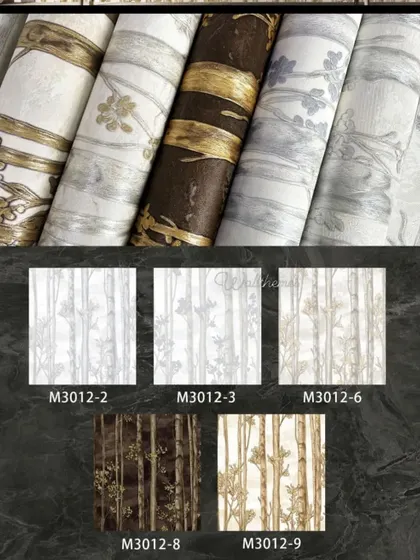 A catalog page displaying five different color options for a bamboo forest wallpaper design.