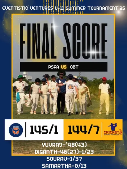 The final scorecard from the U11 Summer Tournament final. A fantastic chase saw our team win by 9 wickets, with standout performances from Yuvraj and Diganth.