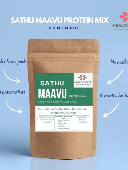 This is my not-so-secret weapon for child nutrition, my homemade Sathu Maavu Protein Mix. Formulated by me as a certified nutritionist, it contains 40 different grains with no maida, no added preservatives, and absolutely no sugar. It's the perfect, wholesome food for everyone in the family, from a 6-month-old baby to a 60-year-old grandparent.