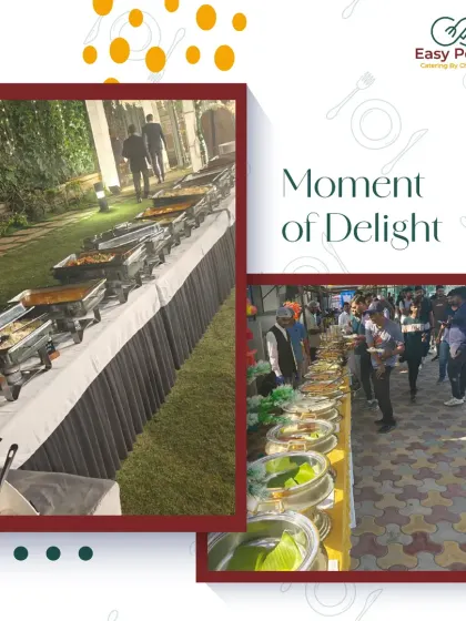 A collage showing moments of delight from our events. From guests lining up at the buffet to the beautiful spread on a sunny day, we love capturing the joy that good food brings.