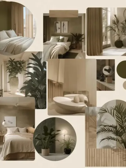 A mood board for a bedroom with an earthy, natural aesthetic. I use these collages to establish the desired feeling, combining textures, colors, and key furniture pieces to create a cohesive vision.