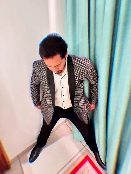 An overhead shot showing a different angle of the stylish patterned blazer.