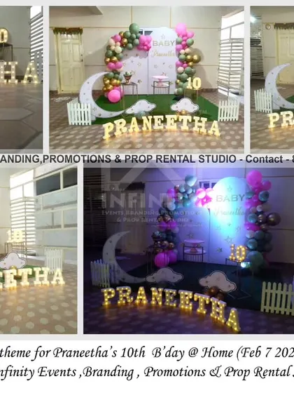 A "Twinkle Twinkle Little Star" theme for a 10th birthday at home. This setup proves the theme is timeless, with a semi-arch and moon backdrop, a green and pink balloon garland, and a light-up number "10."