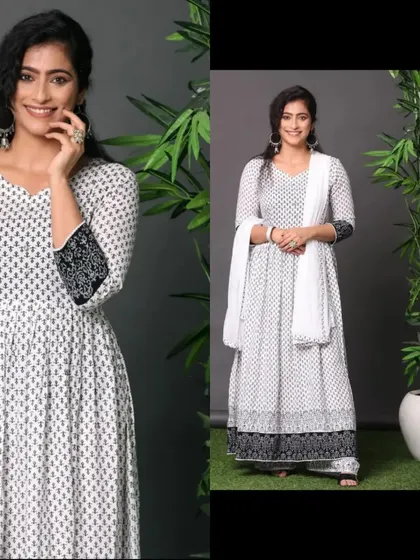 A model in a white and black printed Anarkali suit, posed in a studio with simple props. This collage shows both a close-up and a full-length view for online stores.