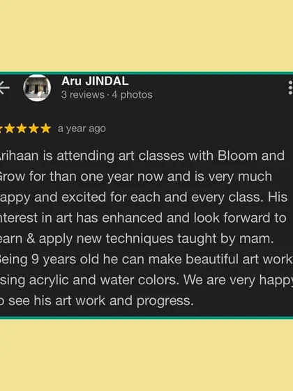 This review about a student's enhanced interest and excitement for each class is what we strive for. It's wonderful to see a 9-year-old making beautiful art with acrylics and watercolors.
