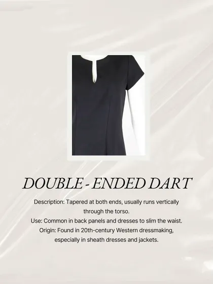 The double-ended dart, or contour dart, tapers at both ends and often runs down the center of dresses to create a smooth hourglass effect, especially in sheath dresses and jackets.