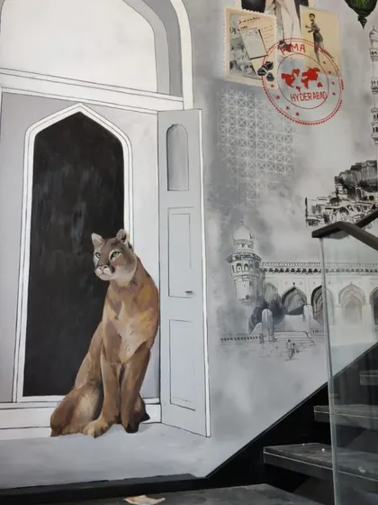 This angle shows the Puma cat alongside the painted depiction of Hyderabad's Charminar, directly linking the brand to the city.