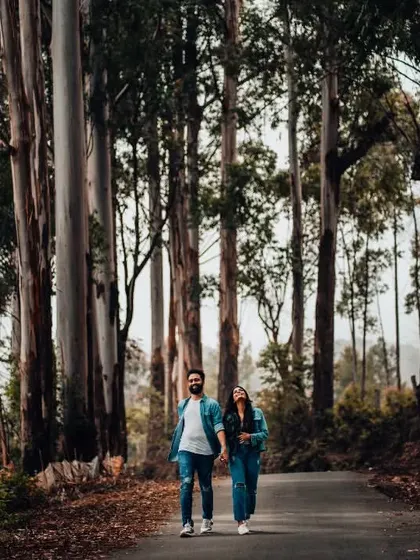 A wide shot of a couple walking hand-in-hand down a road lined with tall, dramatic trees, creating a sense of adventure.