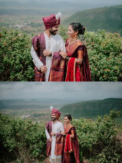 A diptych of a couple in traditional Maharashtrian outfits against a stunning valley backdrop.