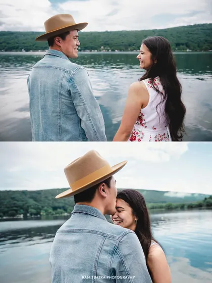 A collage of a couple's pre-wedding shoot in New York, featuring sweet moments by the lake.