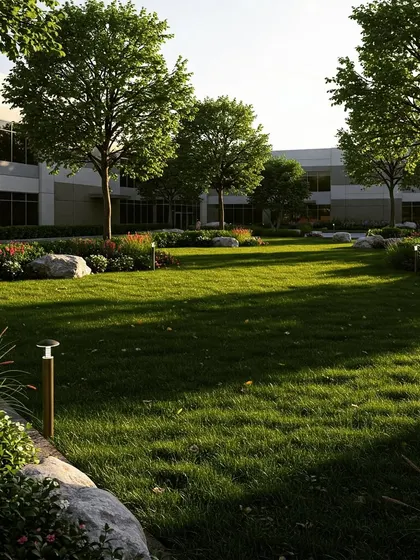 An open, park-like setting for a corporate campus, with large lawns, mature trees, and natural stone accents. The design feels expansive and connected to nature.