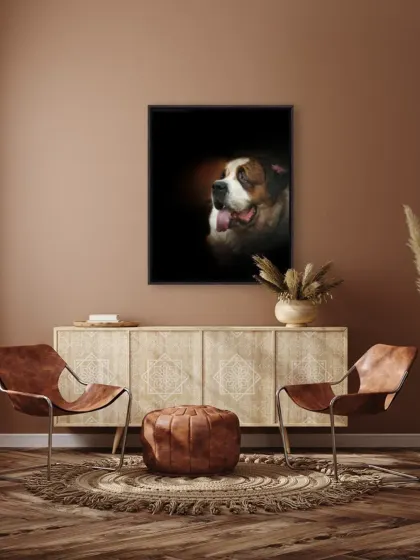 Your memories shouldn't live on a hard drive. I believe in turning these beautiful moments into tangible art for your home. This is an example of how a dramatic studio portrait of a majestic Saint Bernard can become a stunning centerpiece, celebrating your pet every single day.